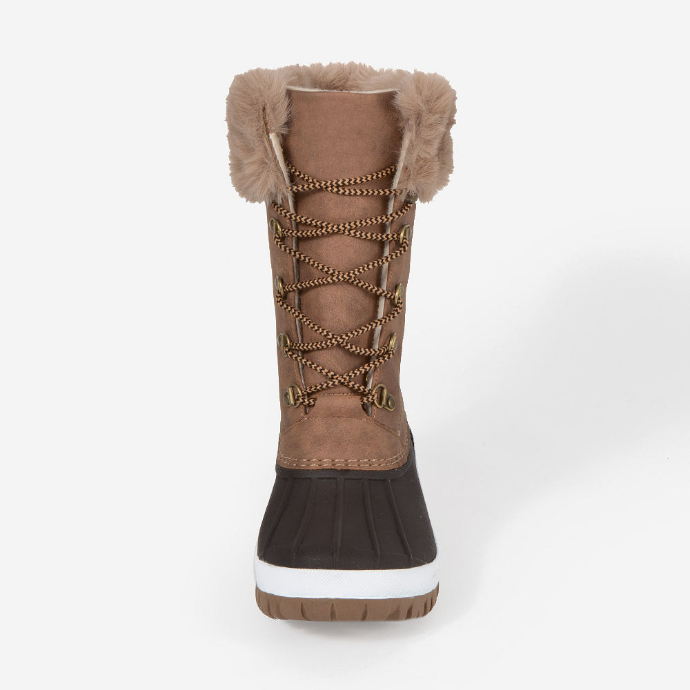 monogrammed snow winter brown duck boots on sidewalk