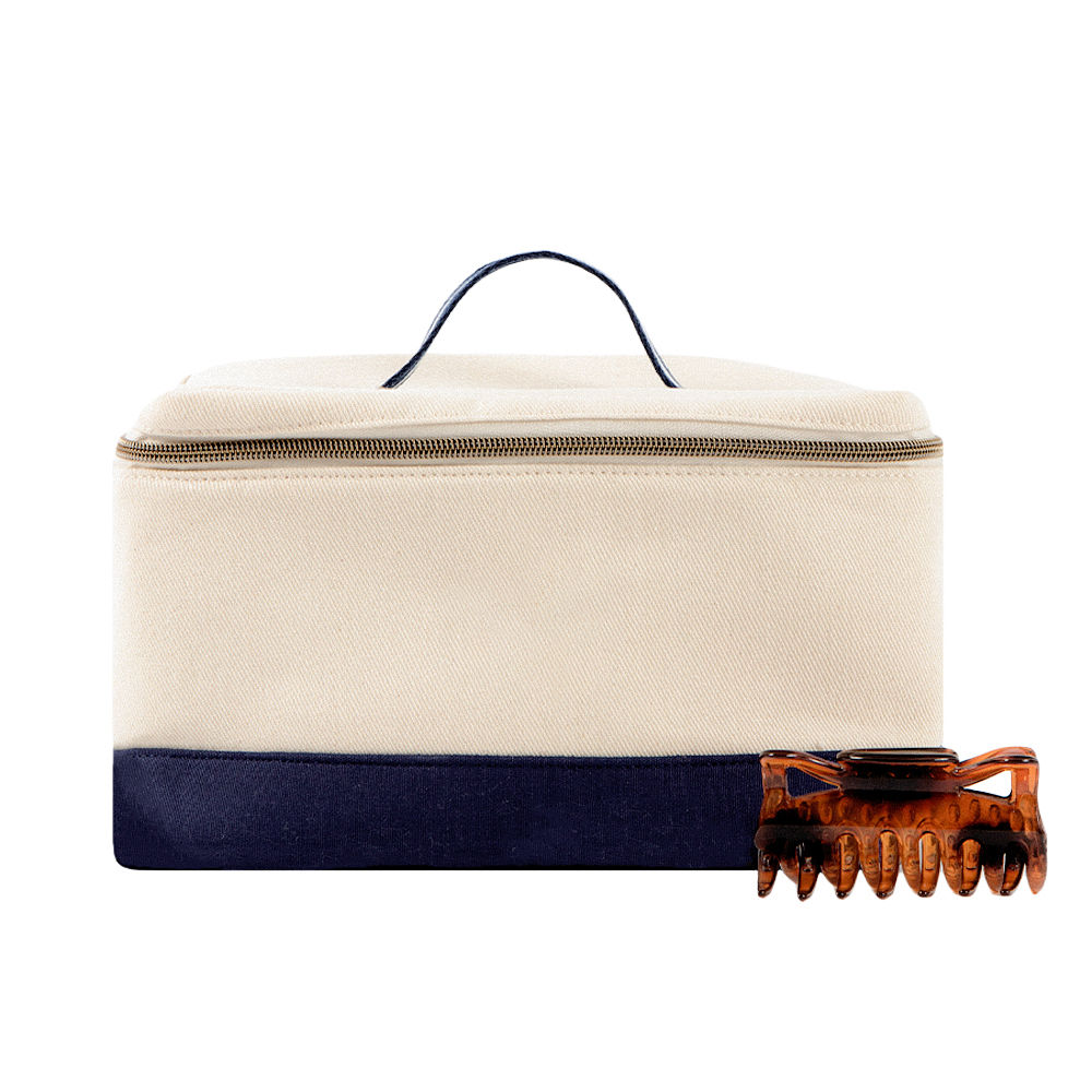 up close of canvas train case - navy