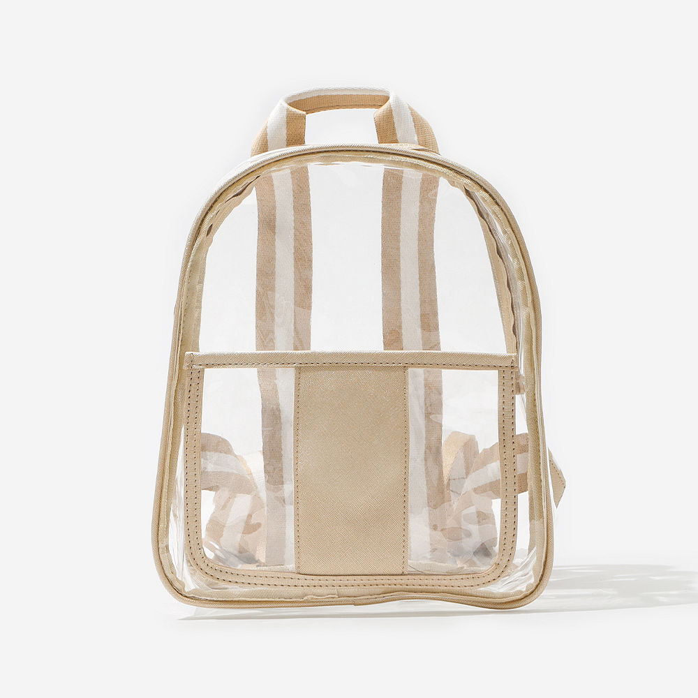 gold clear backpack purse on peyton - up close