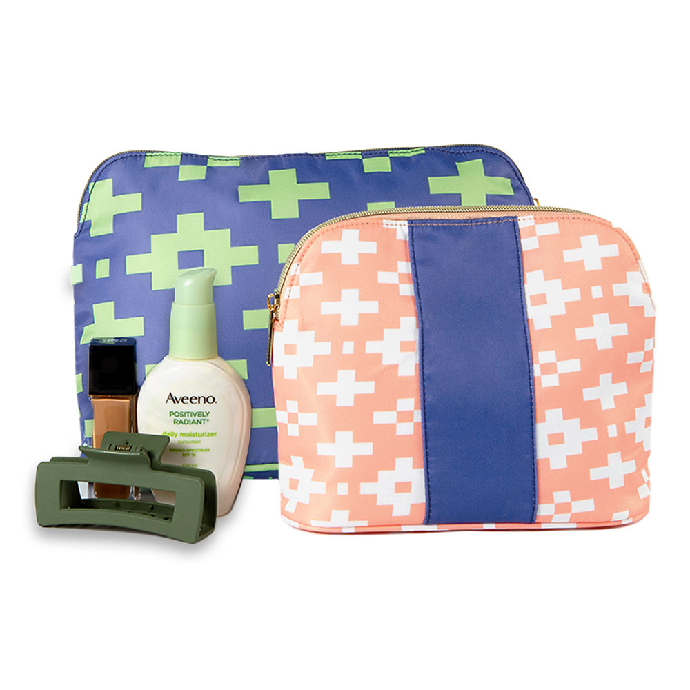 Blue leopard cosmetic bag set on marble counter