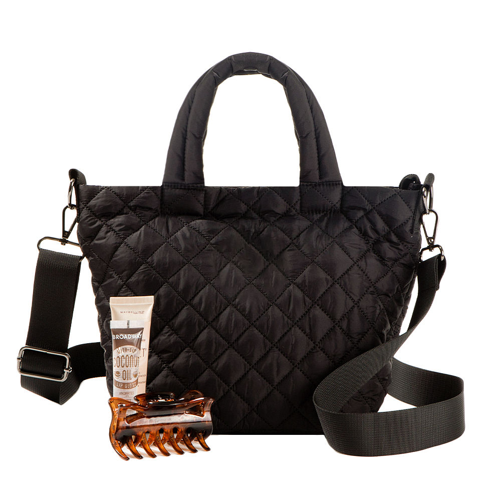 split image of black diamond quilted crossbody