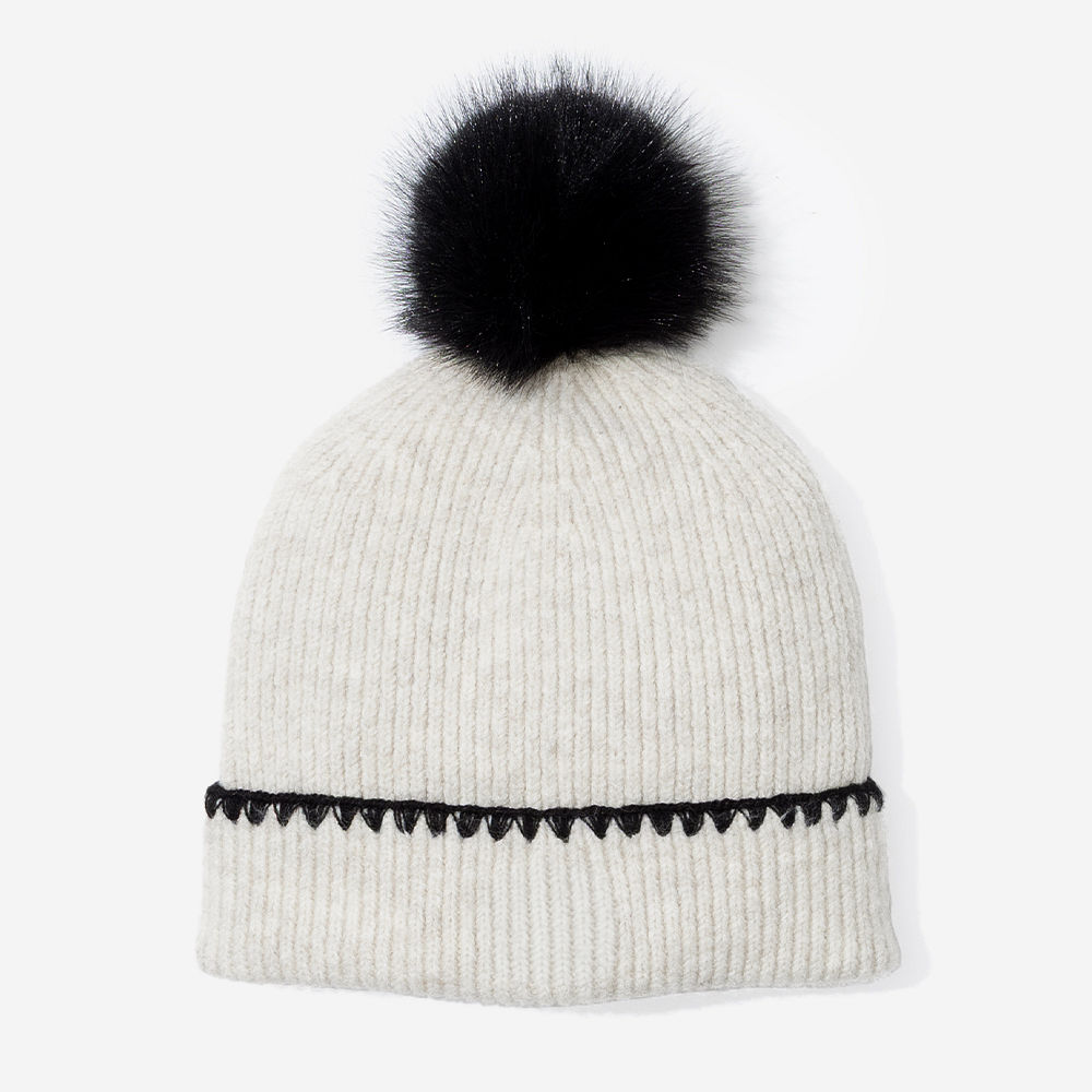 Monogrammed Embroidered Edge Beanie | Ivory/Black