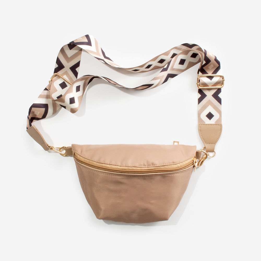 taupe fanny pack flatlay