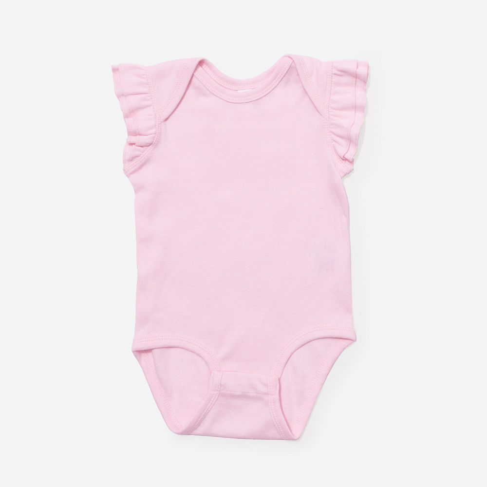 back of girl wearing monogrammed flutter sleeve bodysuit in white