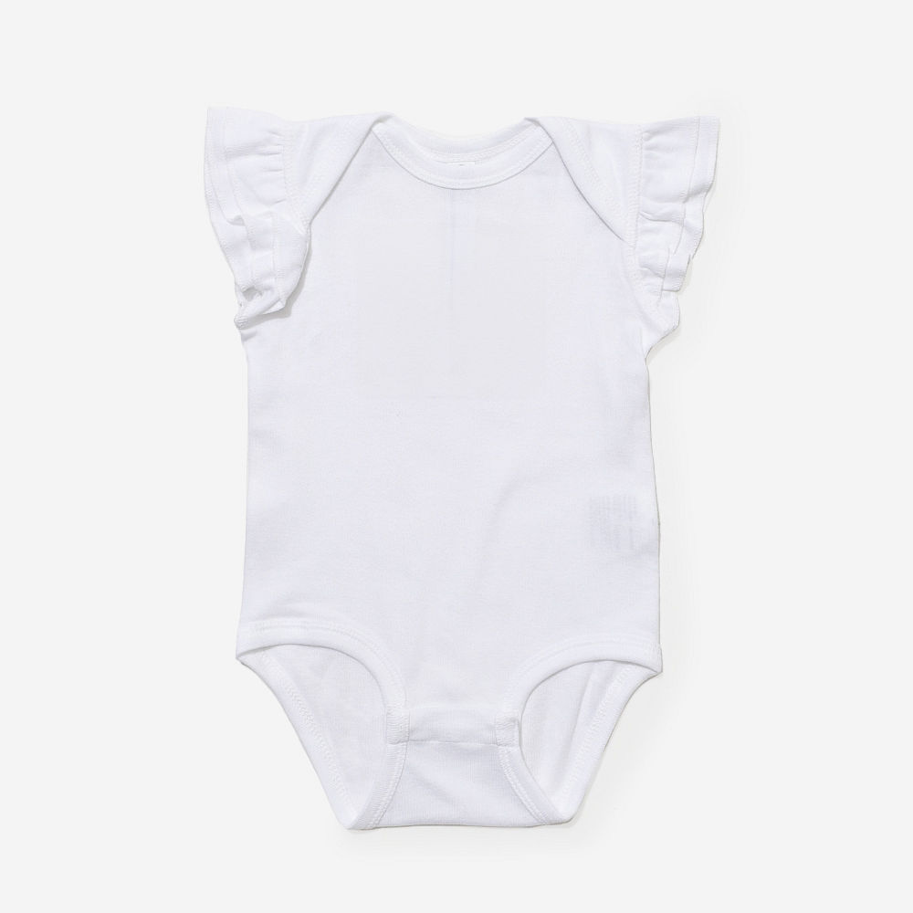 back of girl wearing monogrammed flutter sleeve bodysuit in white