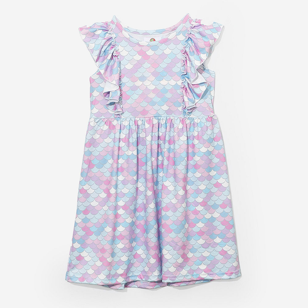 two sisters wearing mermaid magic ruffle dresses