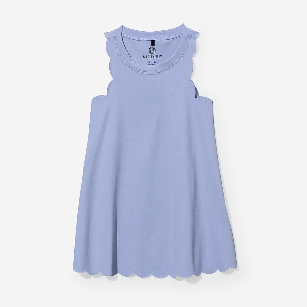 girl wearing kids scallop monogrammed lavender dress