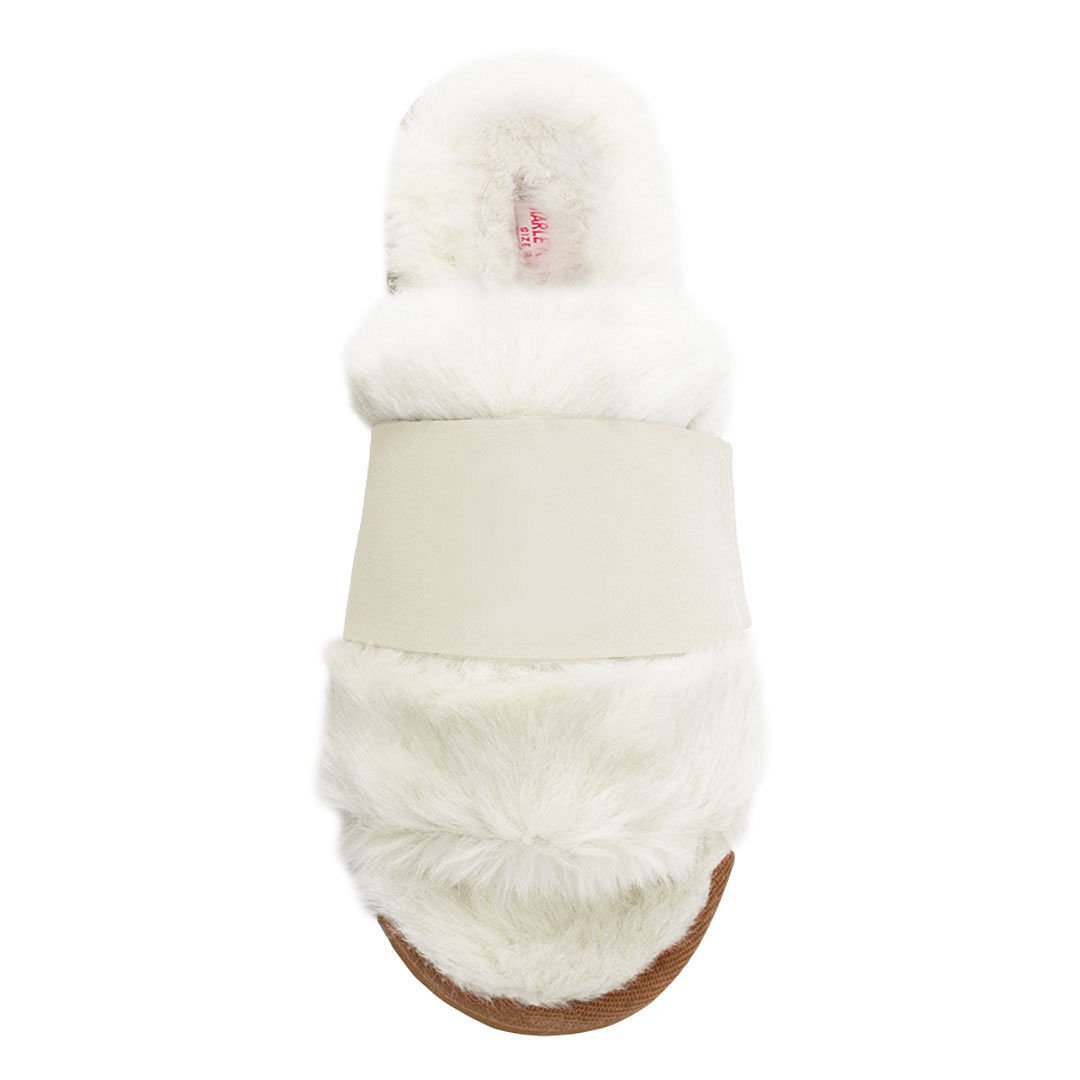 ivory monogrammed faux fur slippers