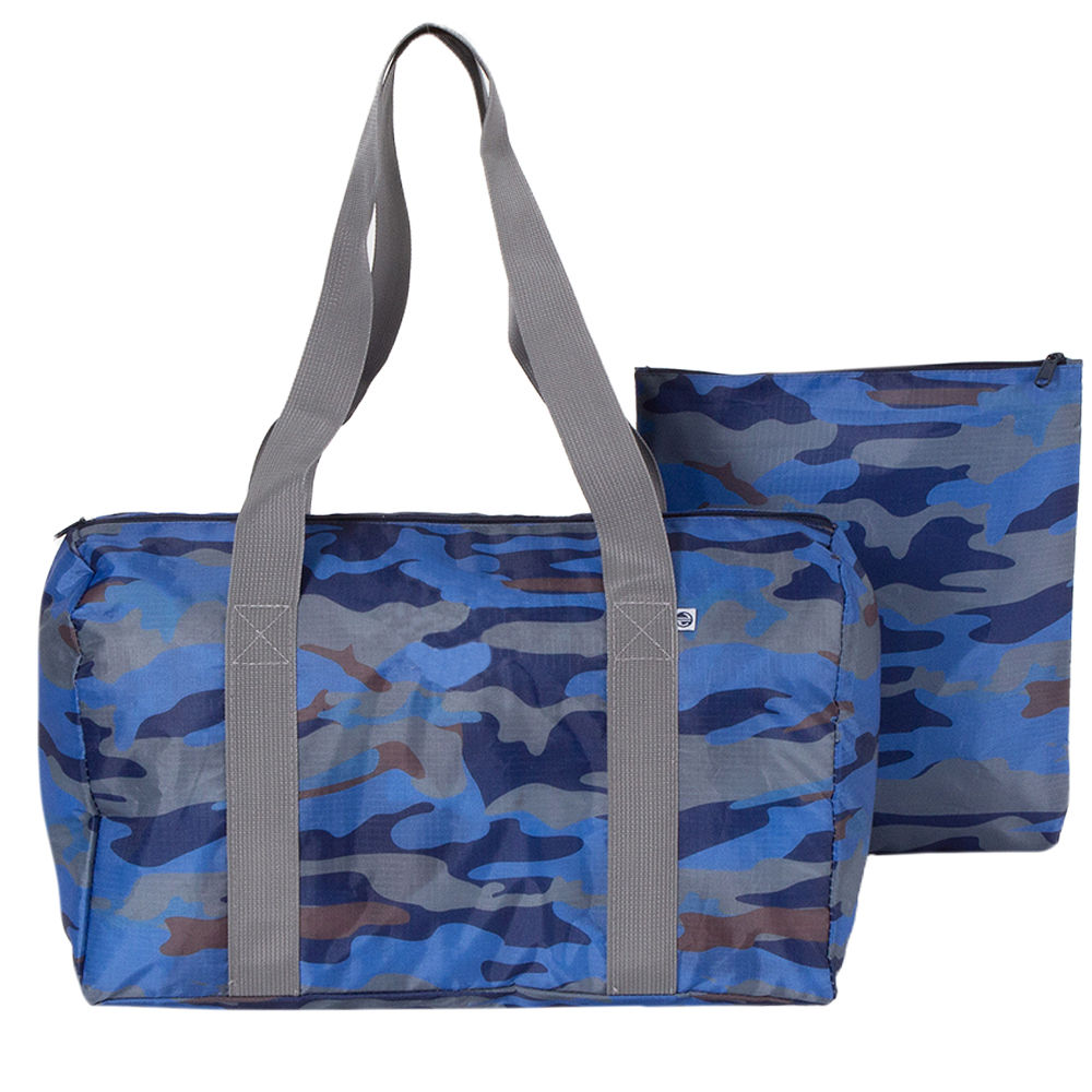 blue camo monogrammed activity bag spill