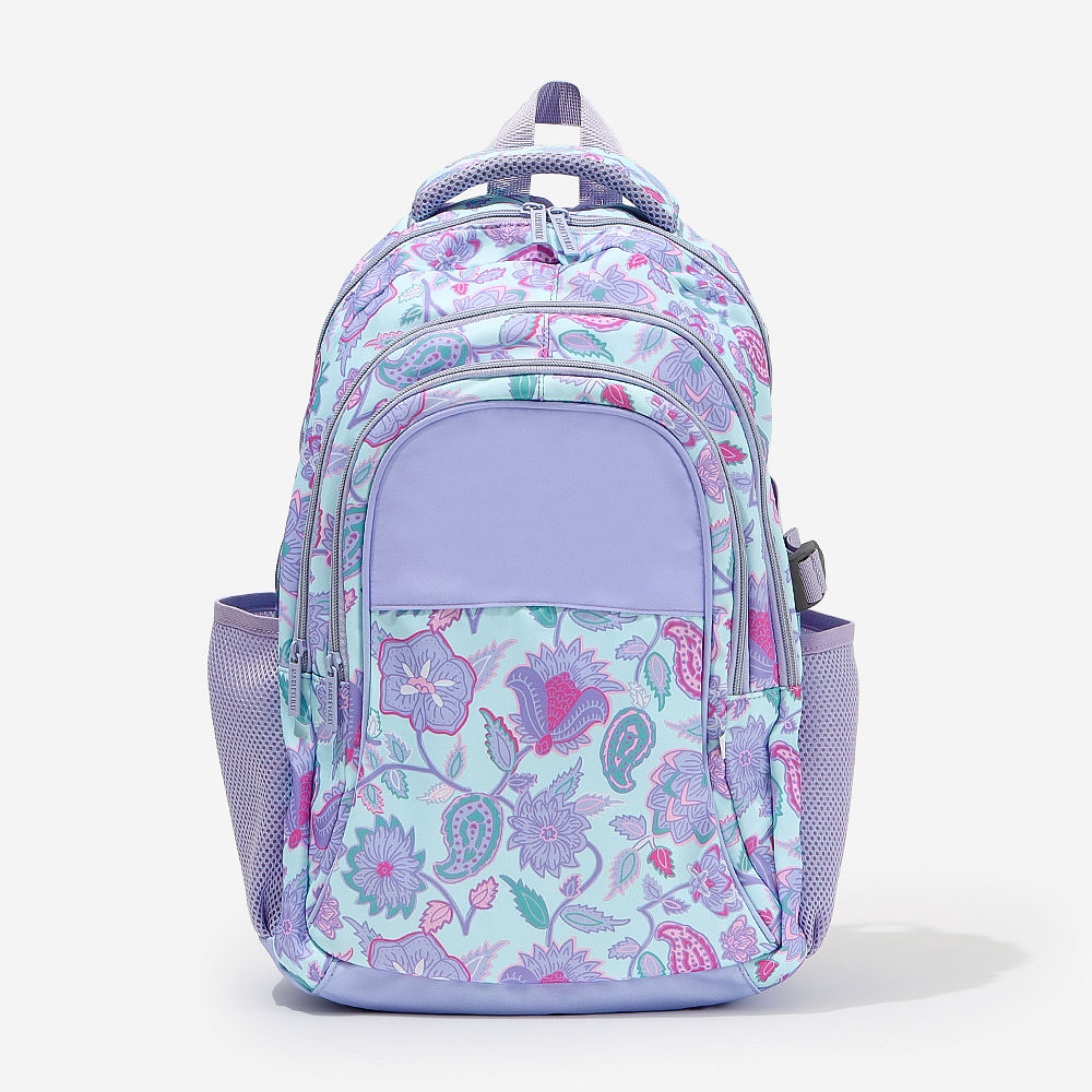 back of lavender paisley backpack