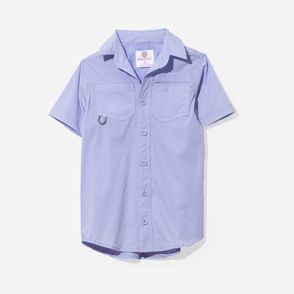 girl wearing monogrammed lavender fishing shirt