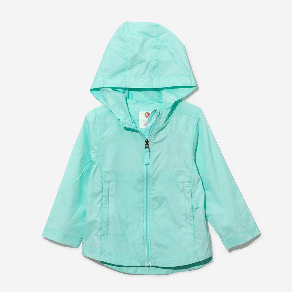 mint kids lightweight rain jacket on addie - side view