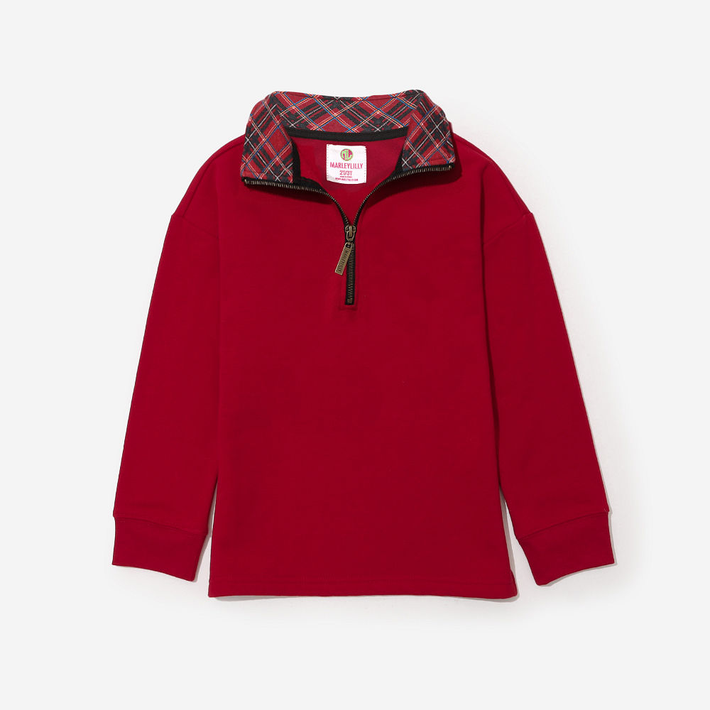 close up of kids red plaid personalized quarter zip sweatshirt