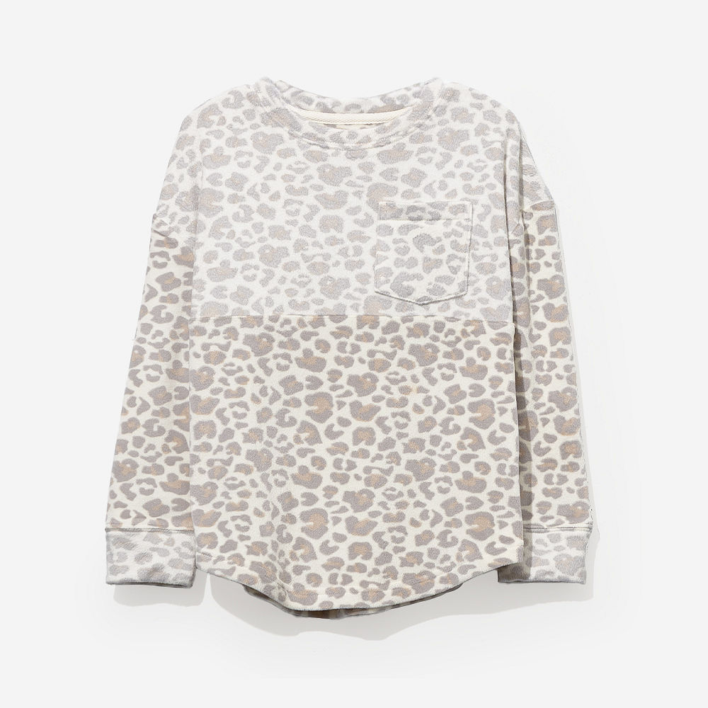 girl wearing monogrammed snow leopard softspun pullover sweatshirt