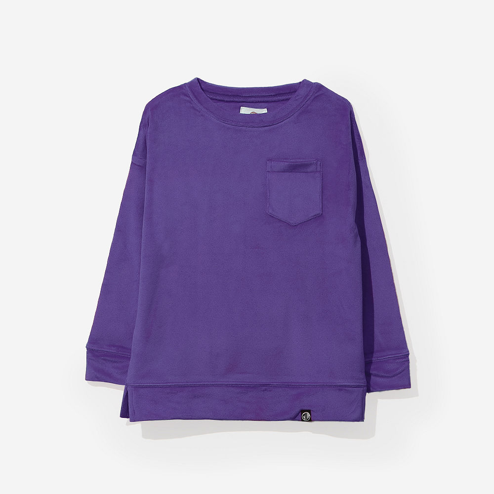 back of purple monogrammed softspun sweatshirt on girl