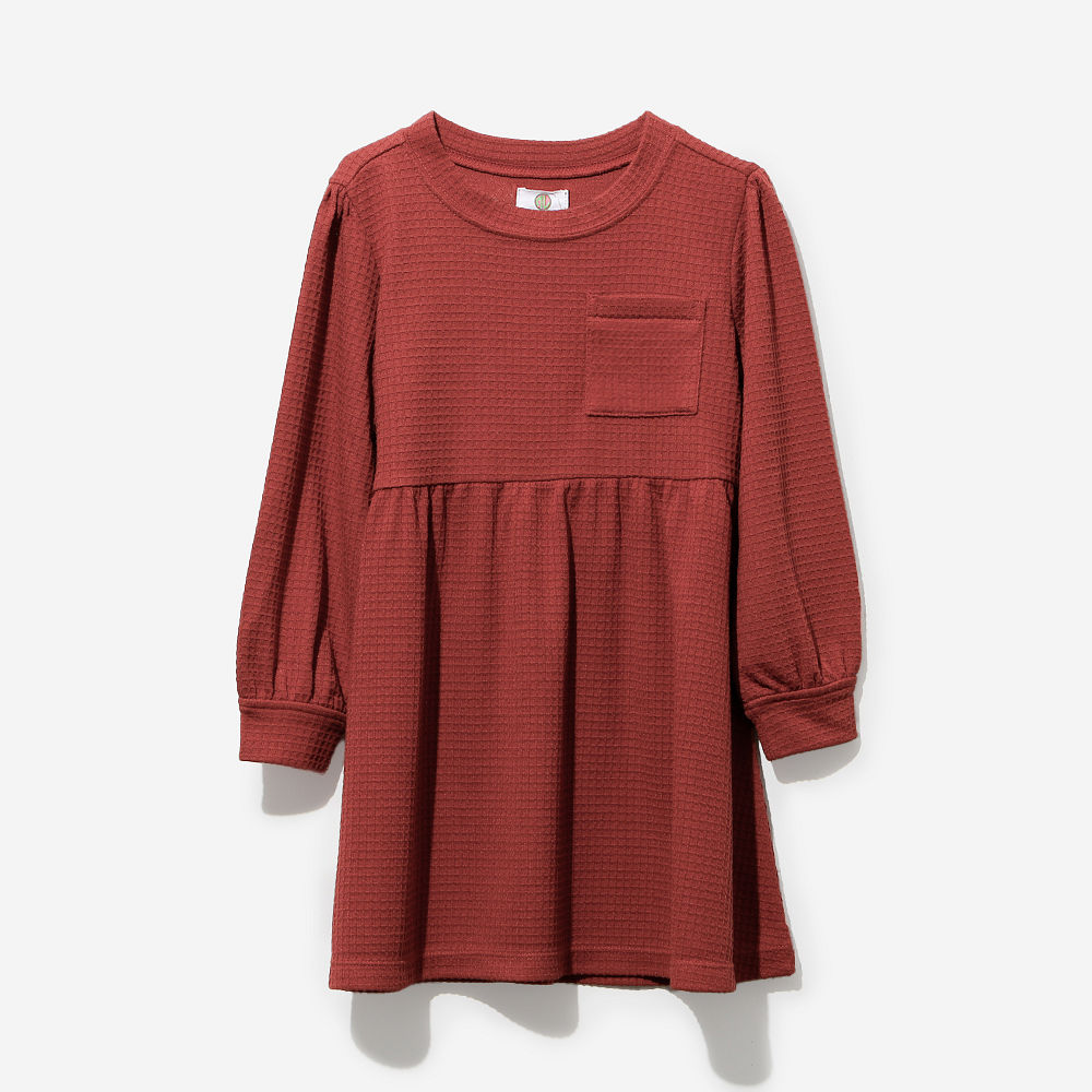 rust waffle puff sleeve dress on addie