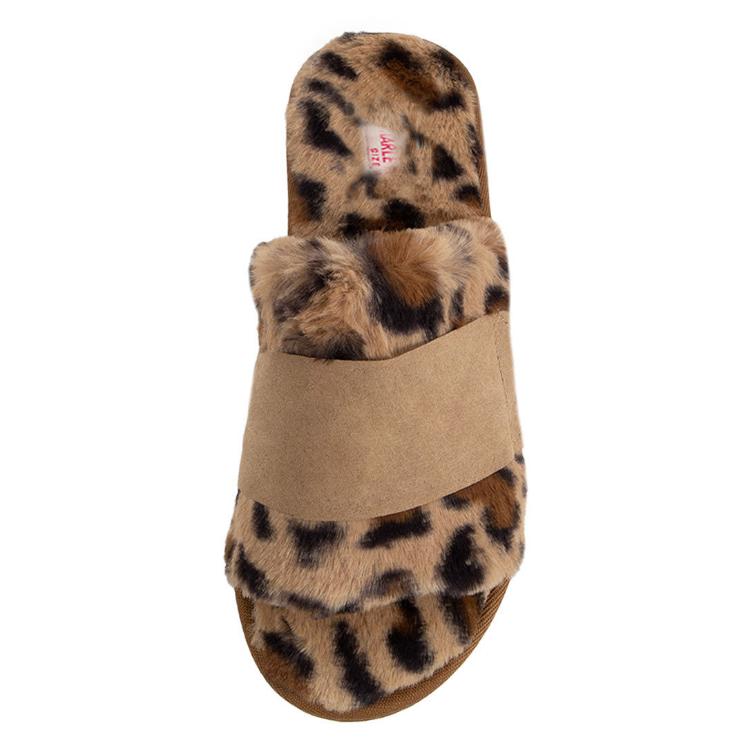 ivory monogrammed faux fur slippers