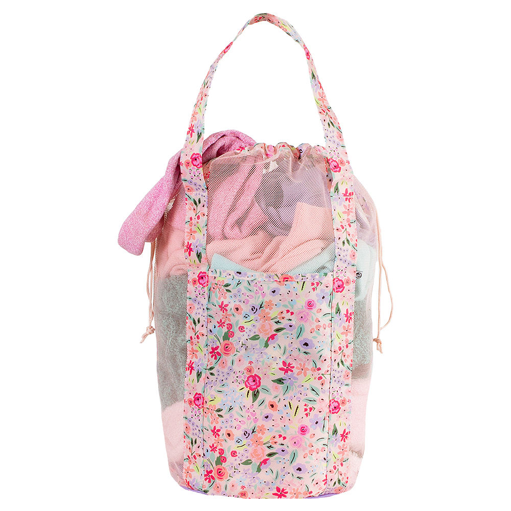 Ivory Packable Laundry Bag hanging around navy thread