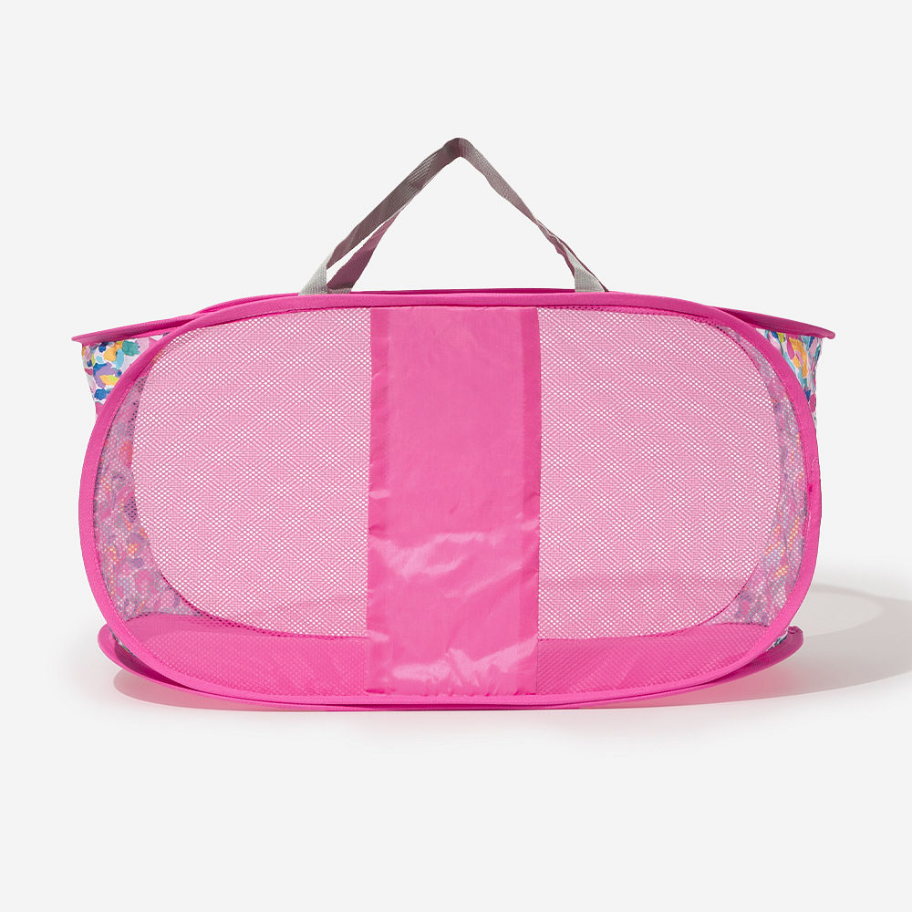 pink digital leopard monogrammed pop up hamper bag in car trunk with toys