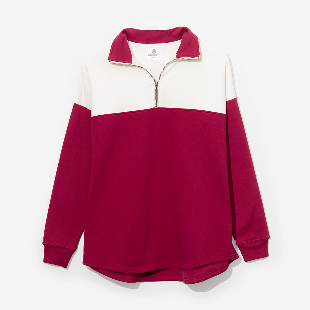 close up of red plaid personalized quarter zip sweatshirt - HIDE UNTIL F25 RESTOCK