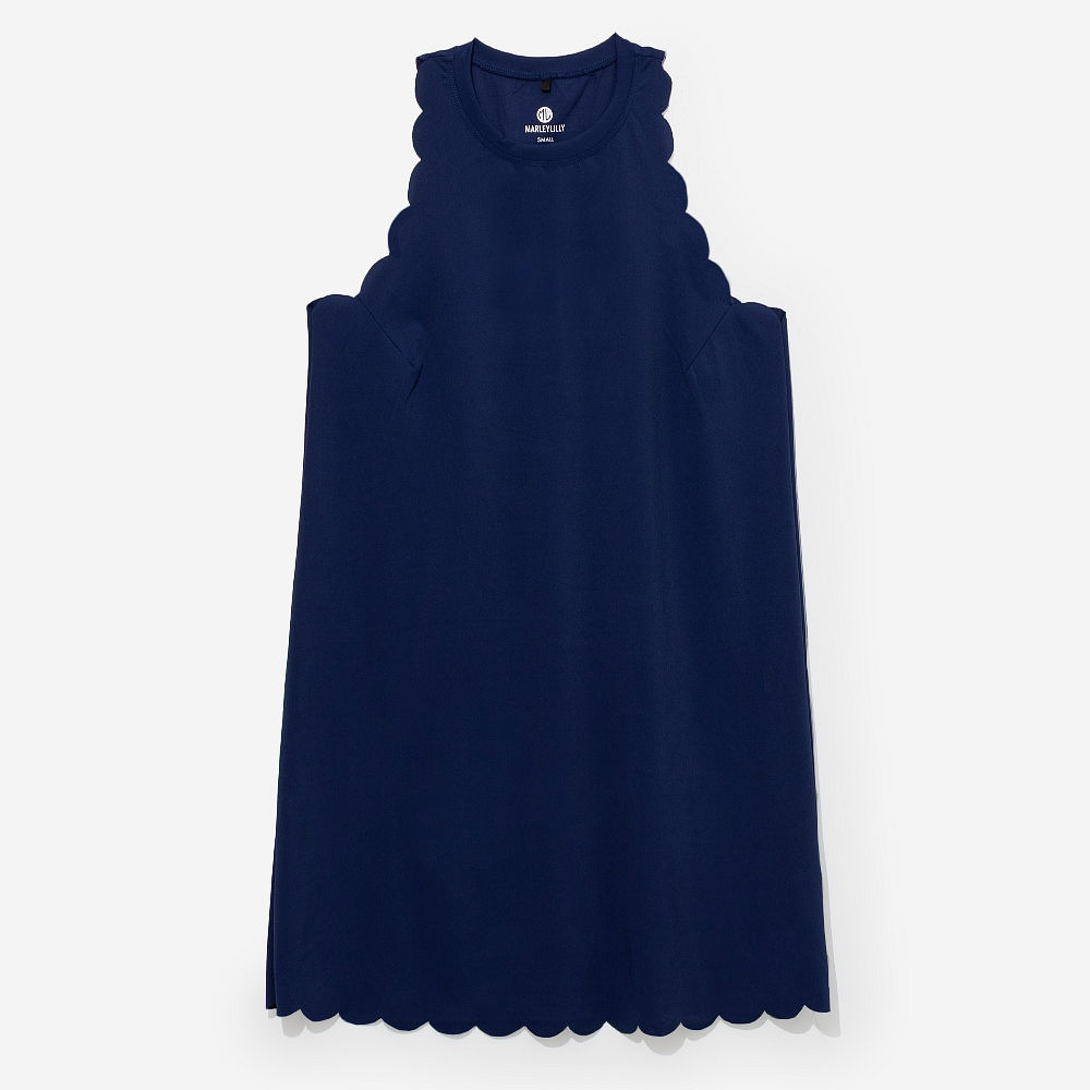 side of navy monogrammed scalloped exercise dress