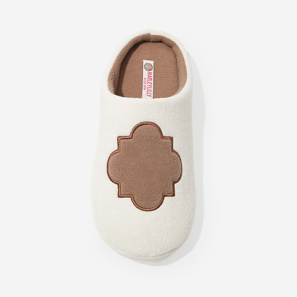 quatrefoil tan monogrammed slippers with leggings