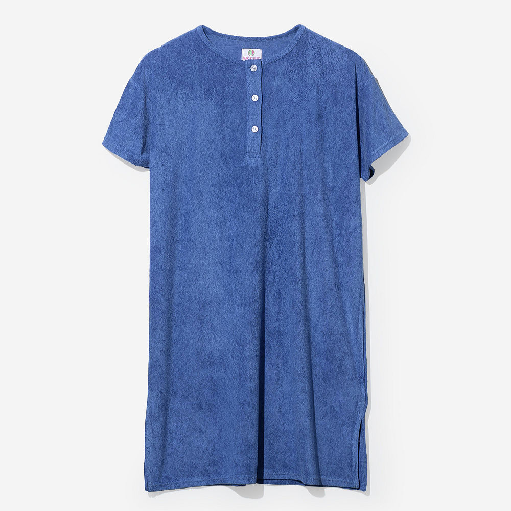 close up of blue terry monogrammed cover up dress