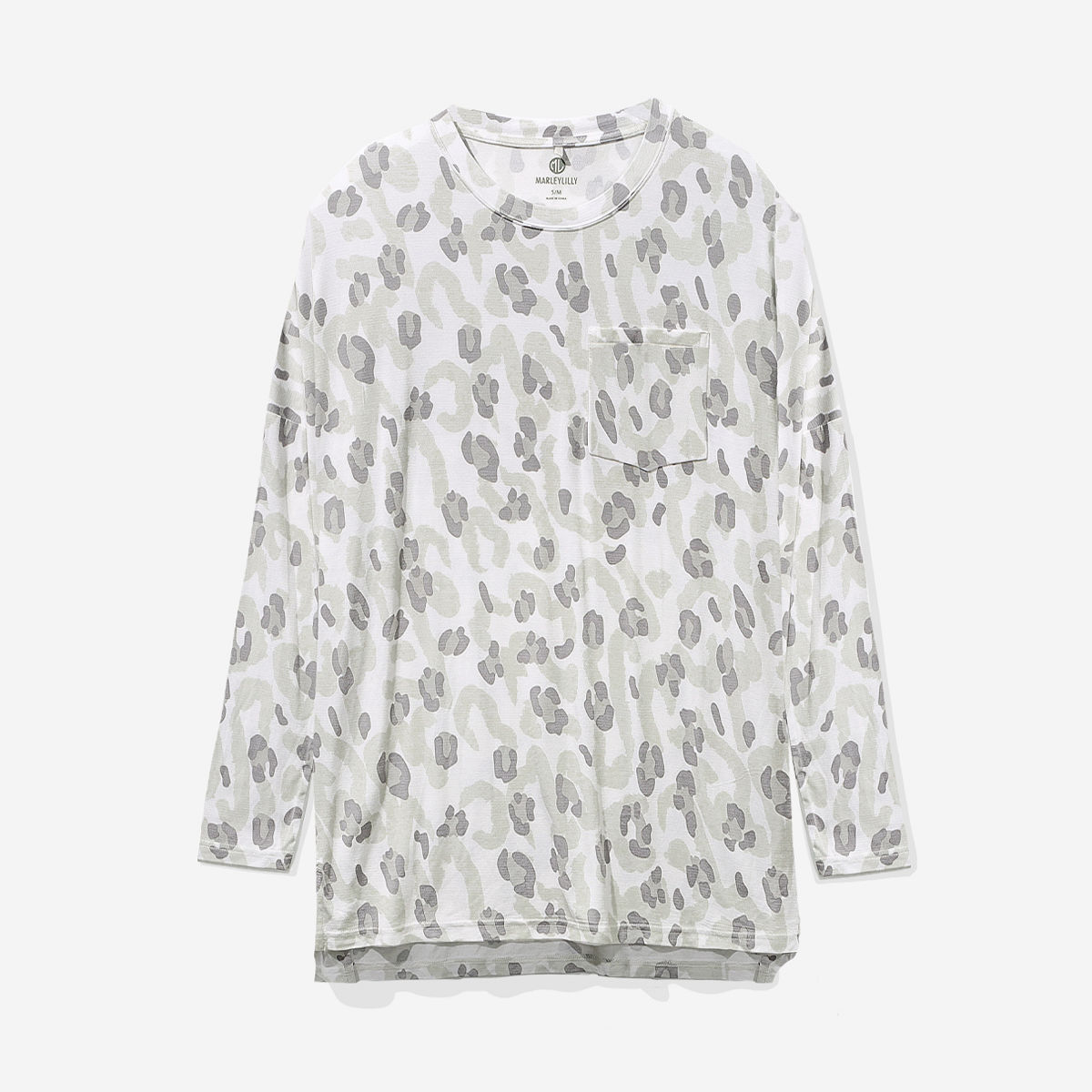 close up of monogrammed gray sassy leopard spots tunic
