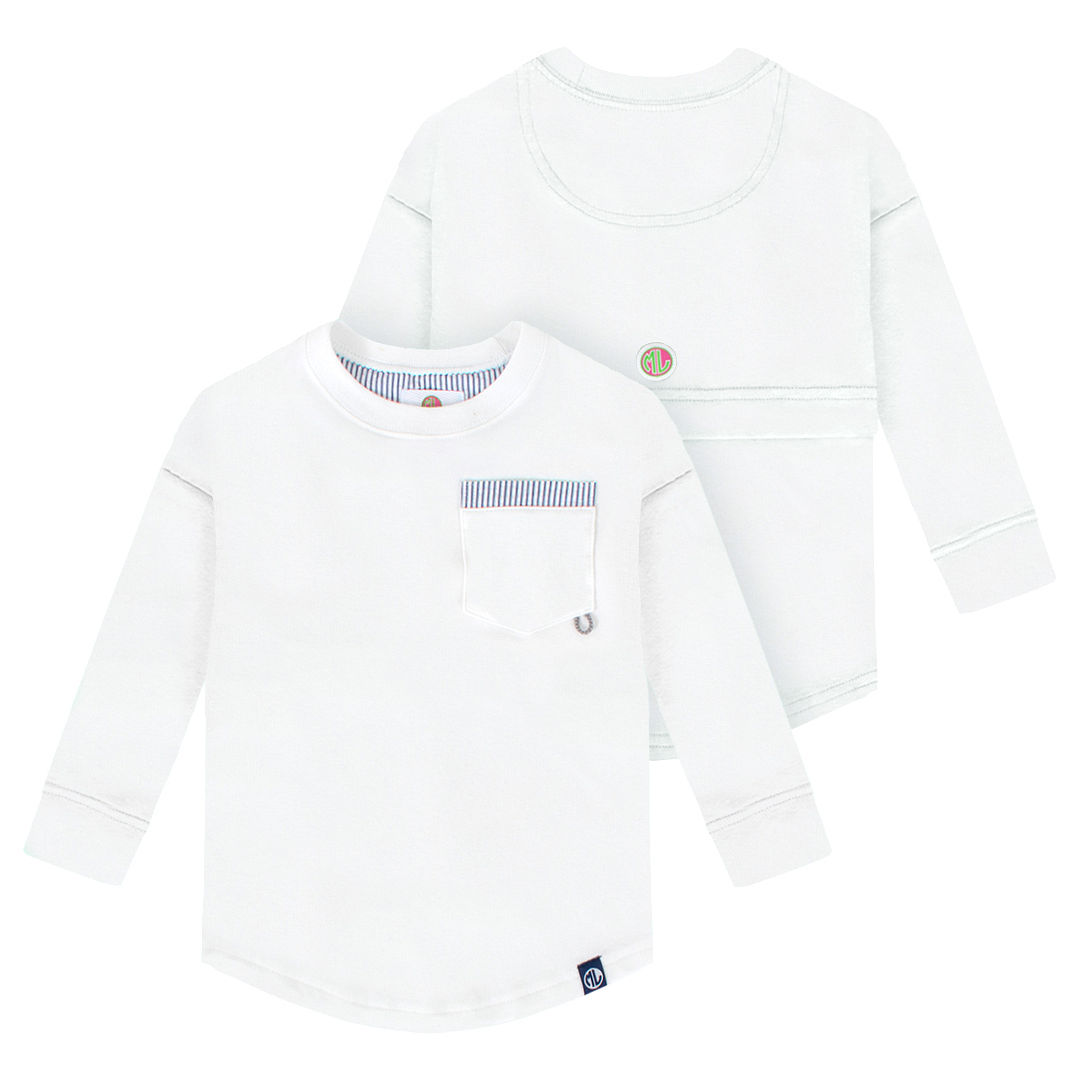 baby in white monogrammed top
