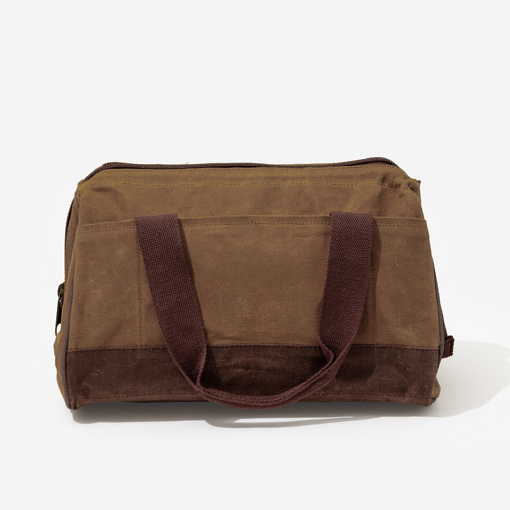dark brown kids waxed canvas overnight bag flatlay
