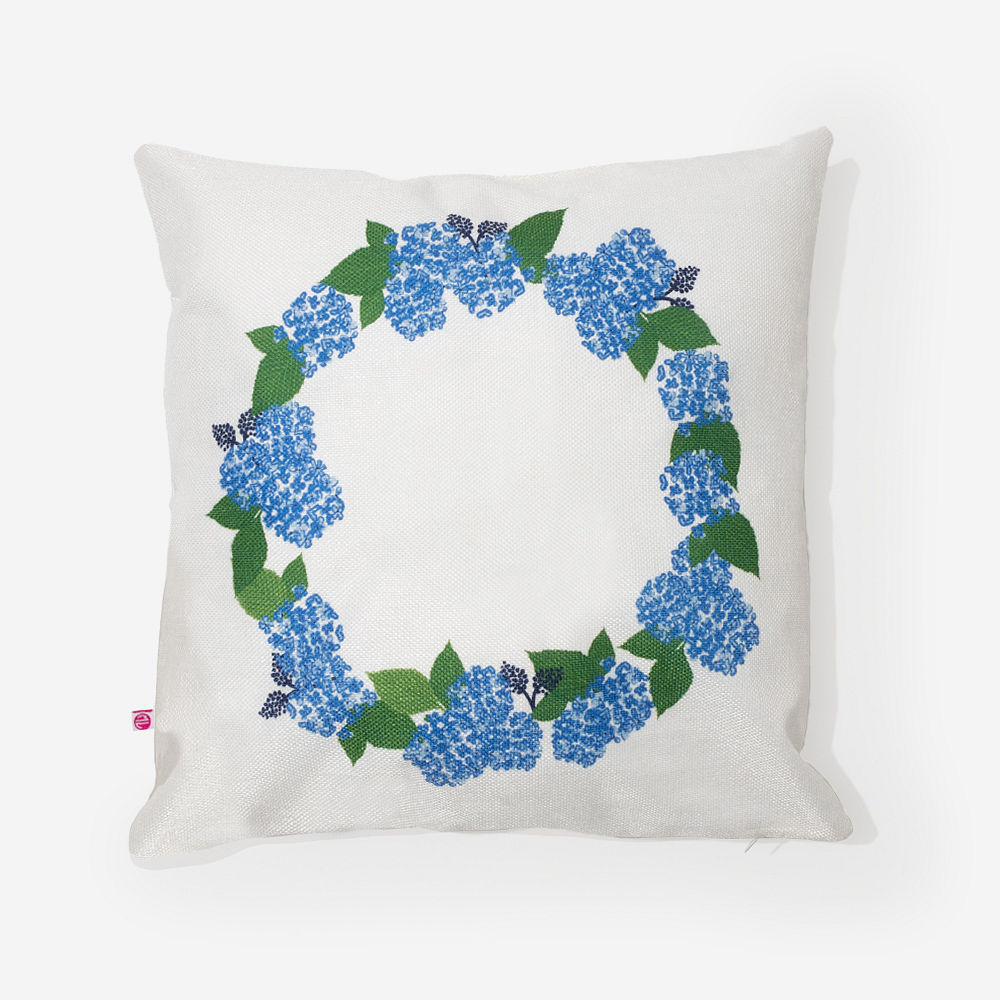 blue hydrangea monogrammed pillow sham outside