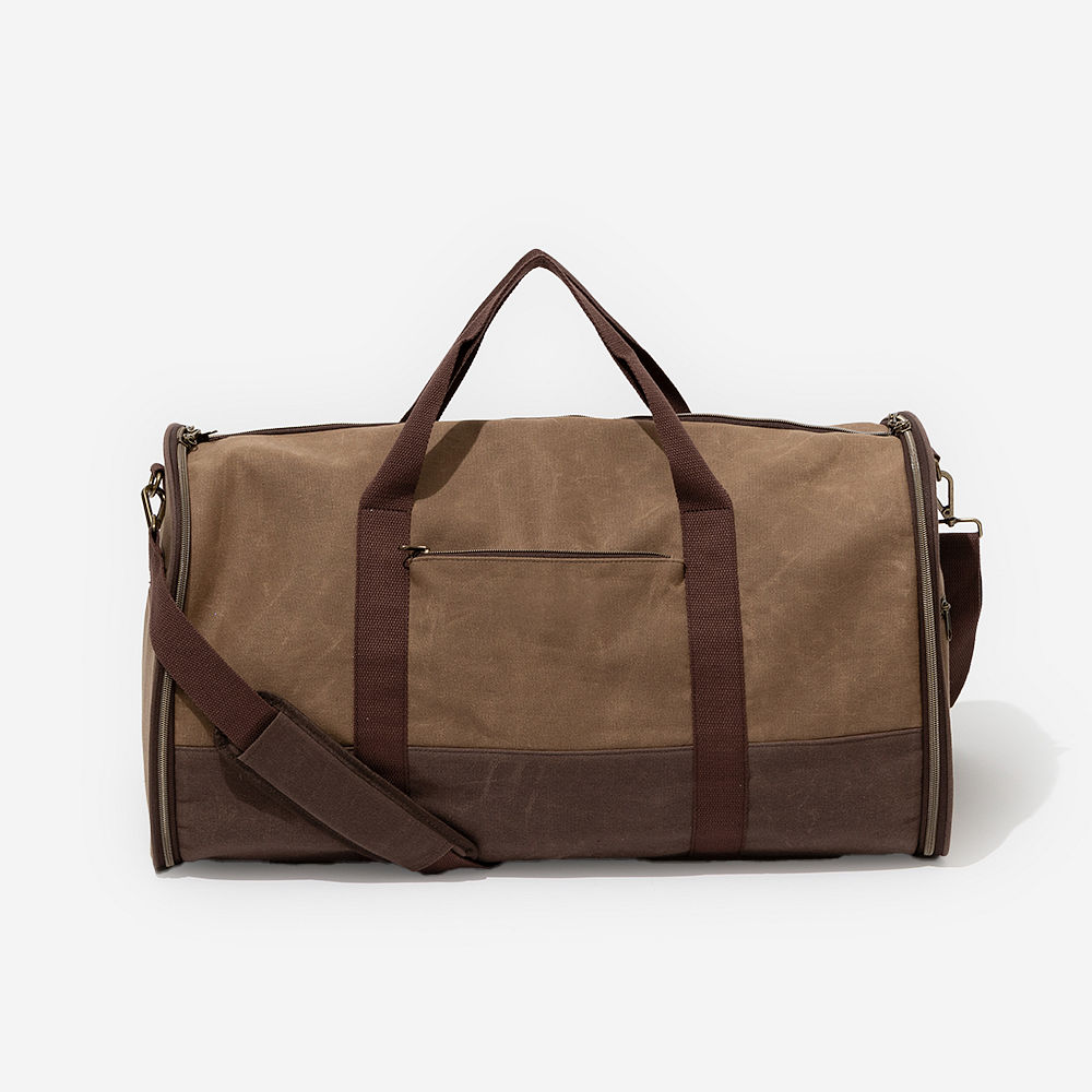 waxed canvas convertible weekend bag with clothes