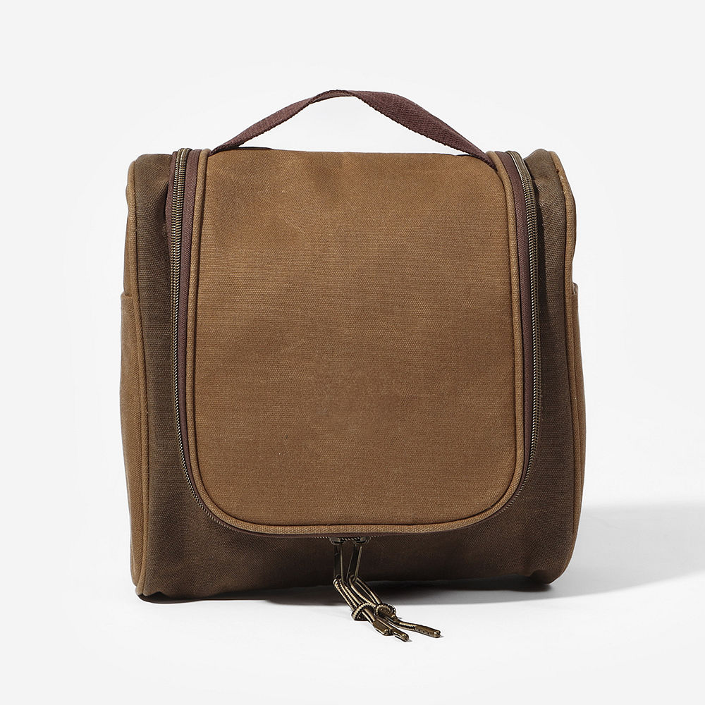 brown personalized waxed canvas hanging toiletry bag inside shot