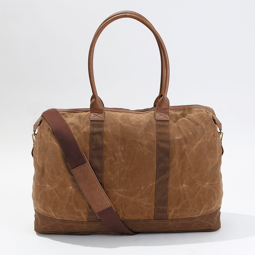 spring 23 brown waxed canvas weekender bag with name