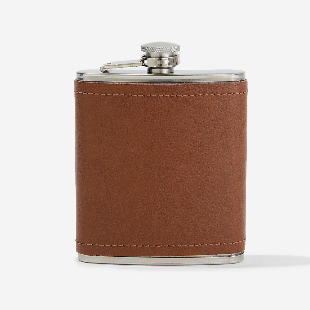 leather flask with personalized detail on front