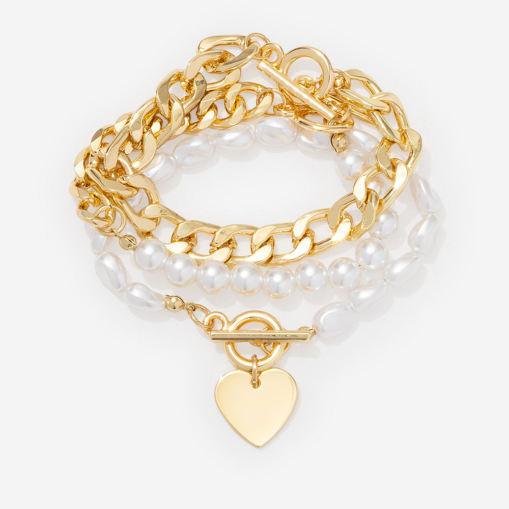 Monogrammed Chainlink Pearl Bracelet Stack | Gold
