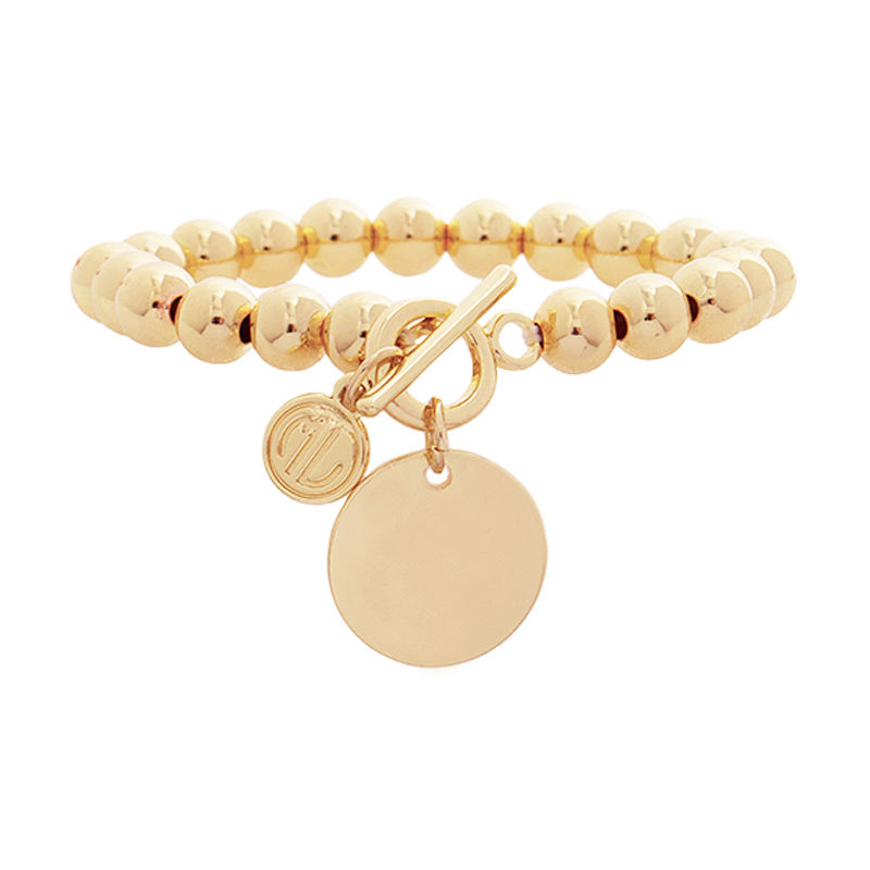 monogrammed ball bracelets on wrist