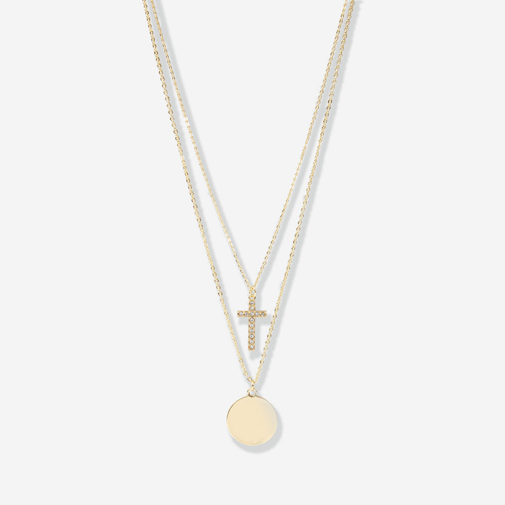 gold monogrammed cross necklace with sweater