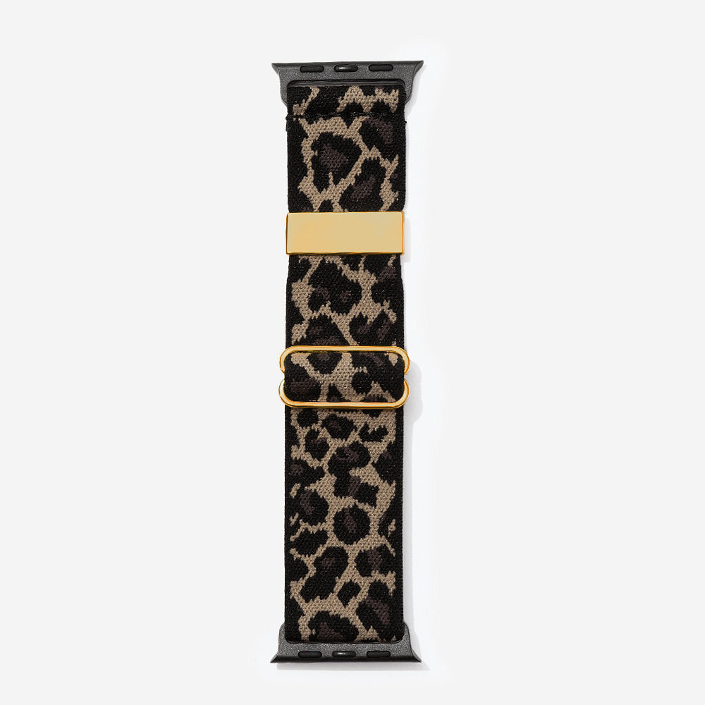 close up of monogrammed leopard smart watch band