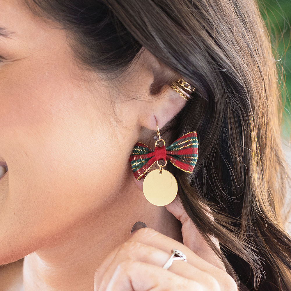 Monogrammed Plaid Bow Earrings | Red Plaid