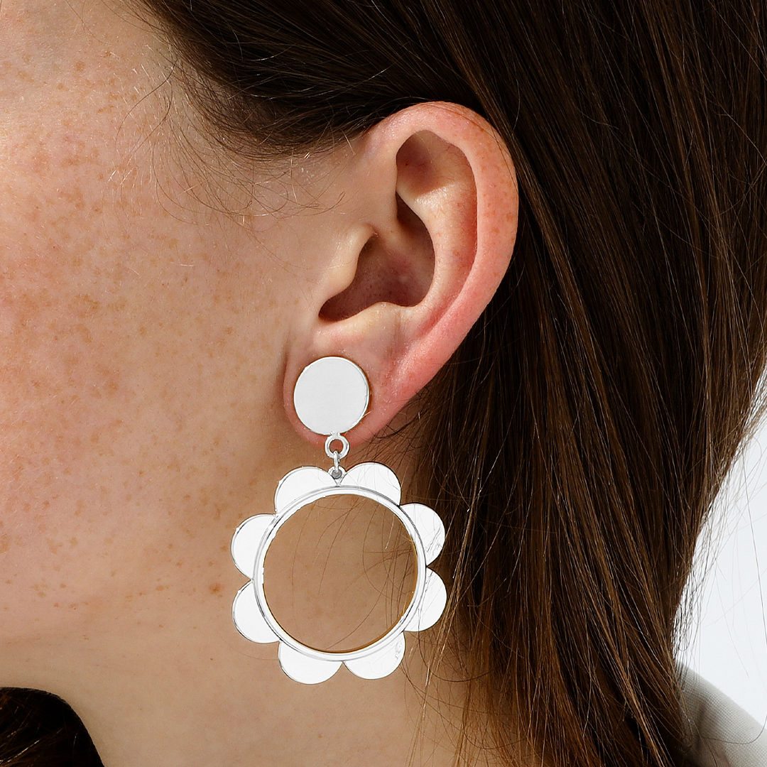 Monogrammed Scallop Earrings on ear