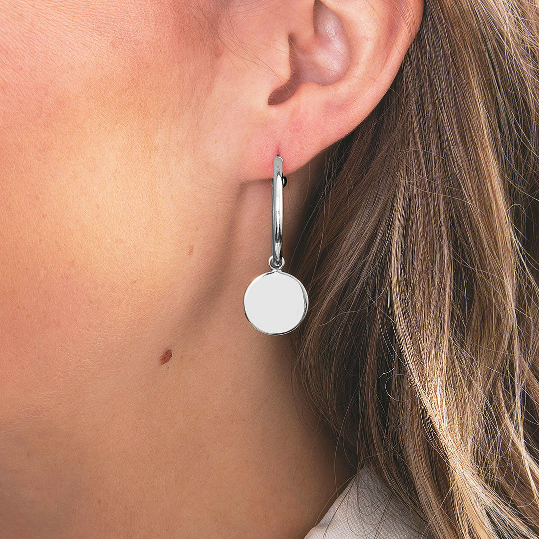 monogrammed silver disc drop earrings