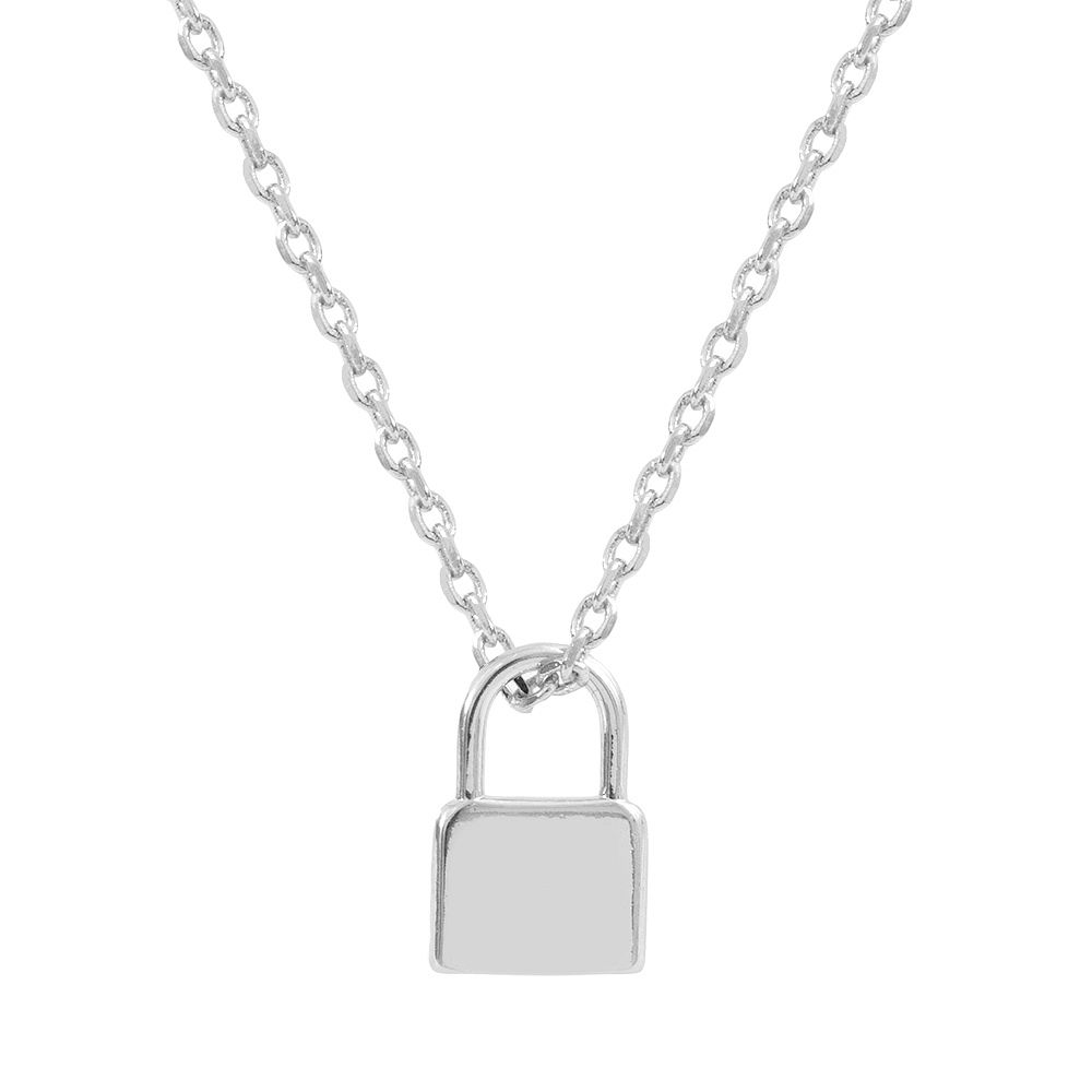 silver lock pendant necklace with jean jacket