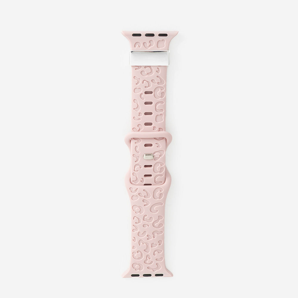 light gray smart watch band on wrist with pink background