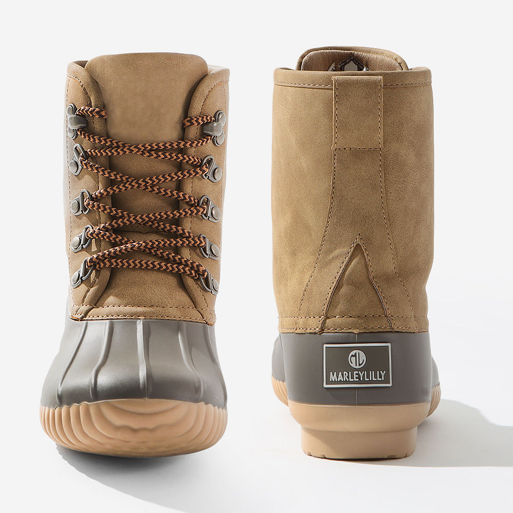 monogrammed tan duck boots with socks
