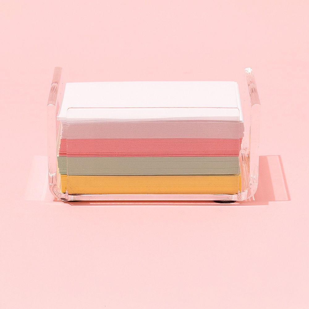 Clear Personalized Memo Pad Holder with office supplies