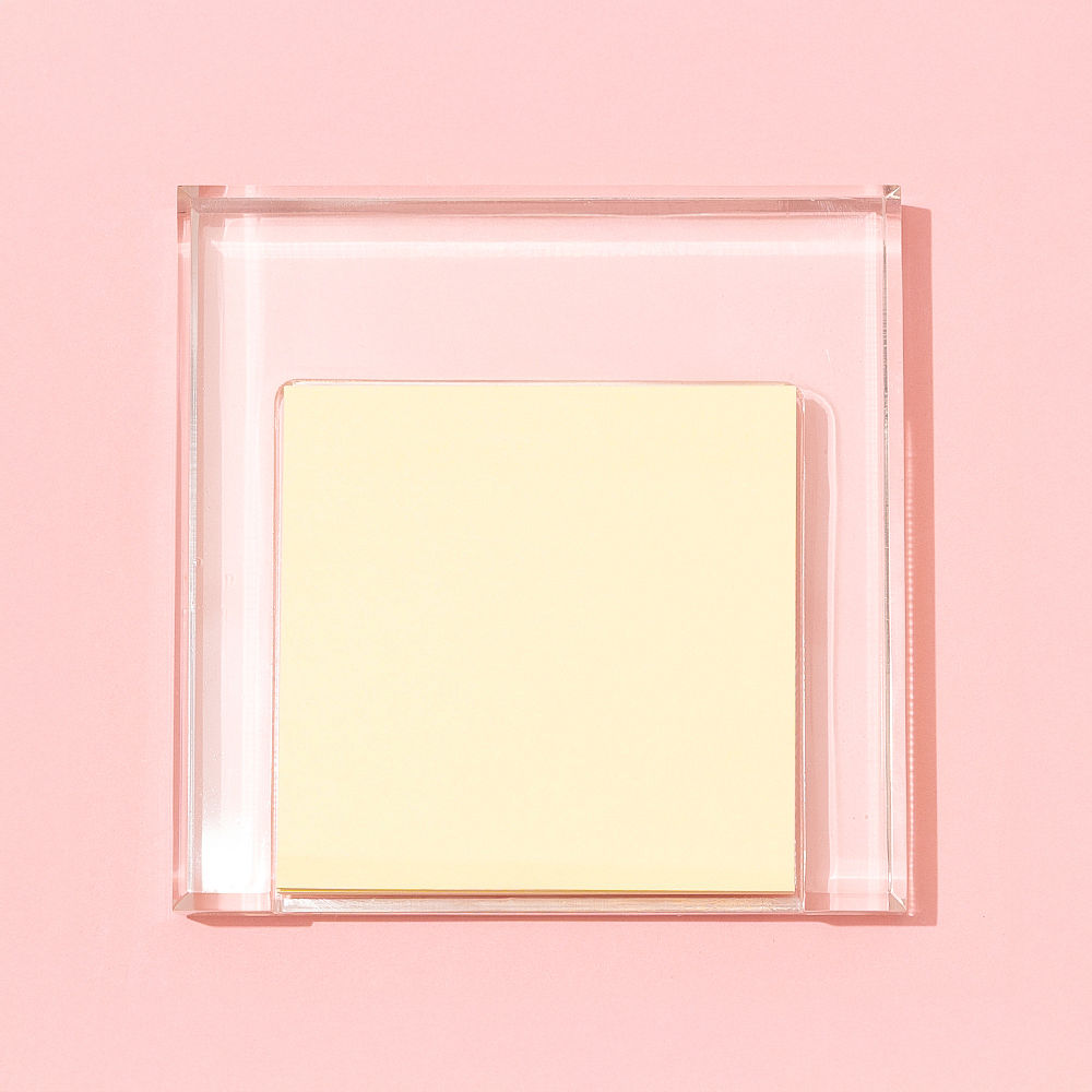 Clear Personalized Memo Pad Holder with office supplies