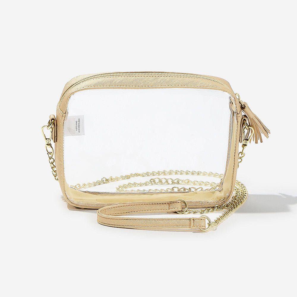 clear crossbody bag in gold with football season items
