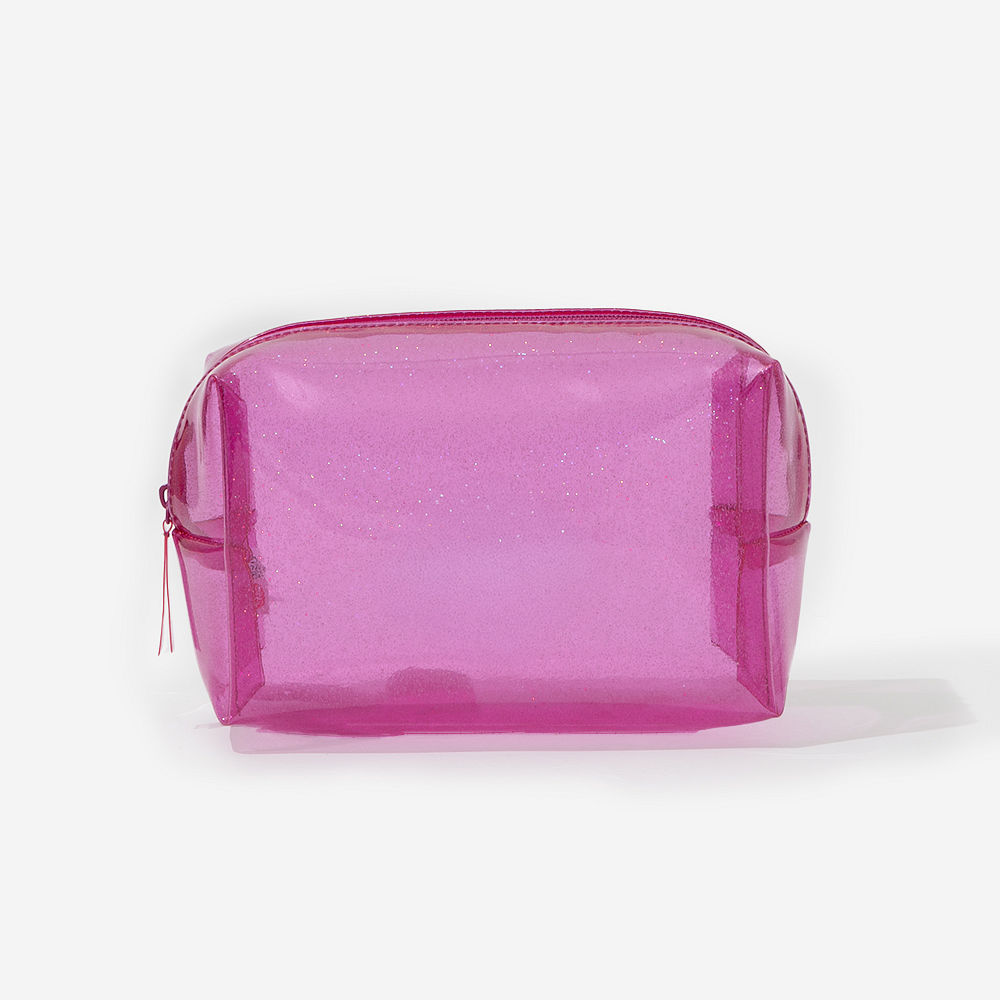 mint clear glitter cosmetic case with makeup