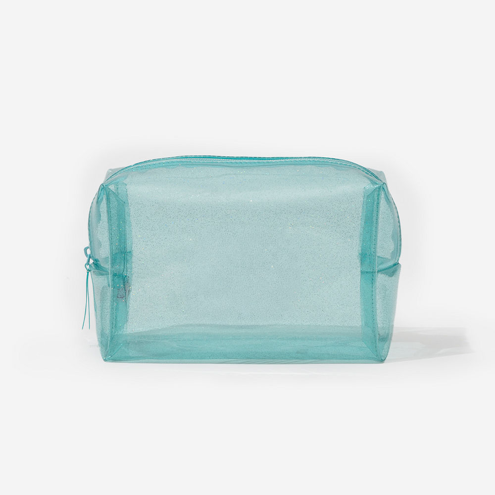 mint clear glitter cosmetic case with makeup